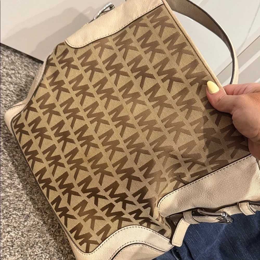 Michael Kors Brown Beige MK Logo Shoulder Bag slouchy tote purse handbag